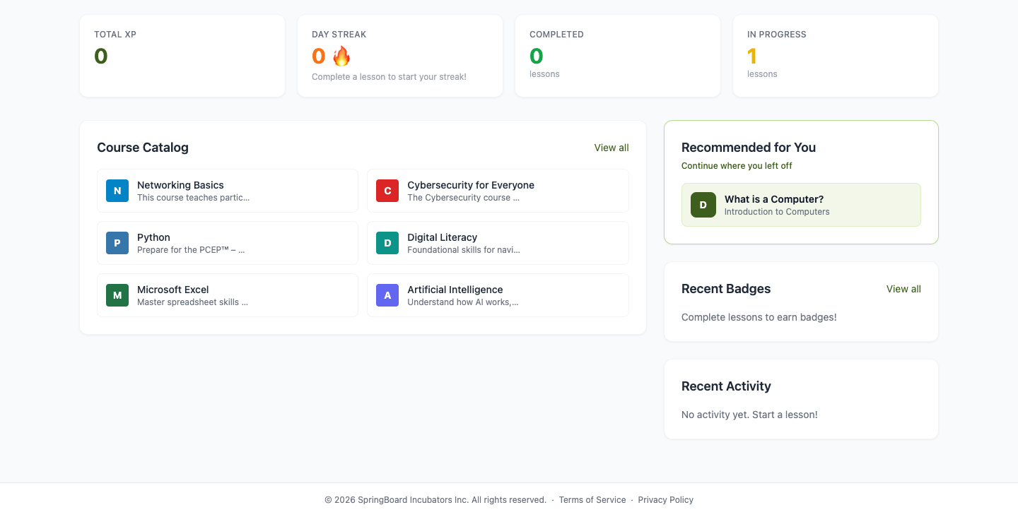 Learner dashboard with XP, streaks, and course catalog